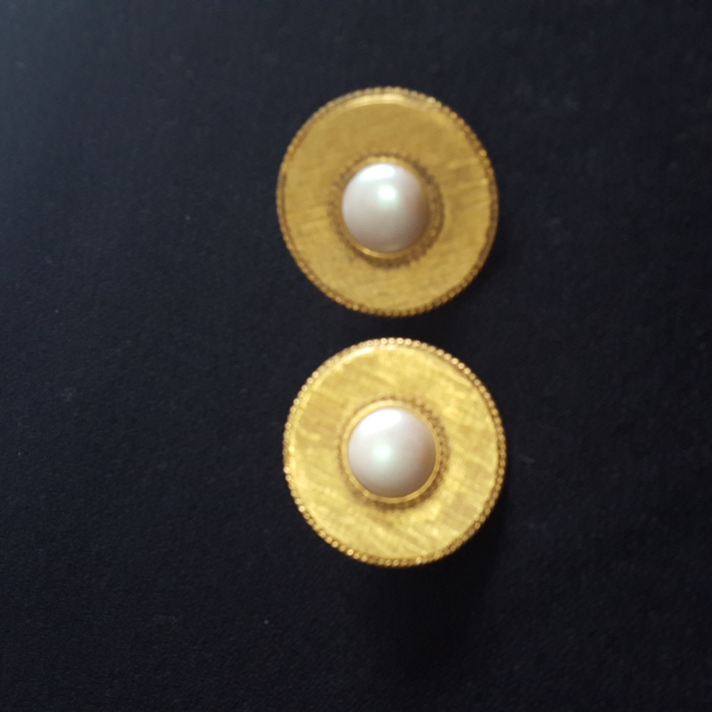 Large gold clip earrings w pearl insert